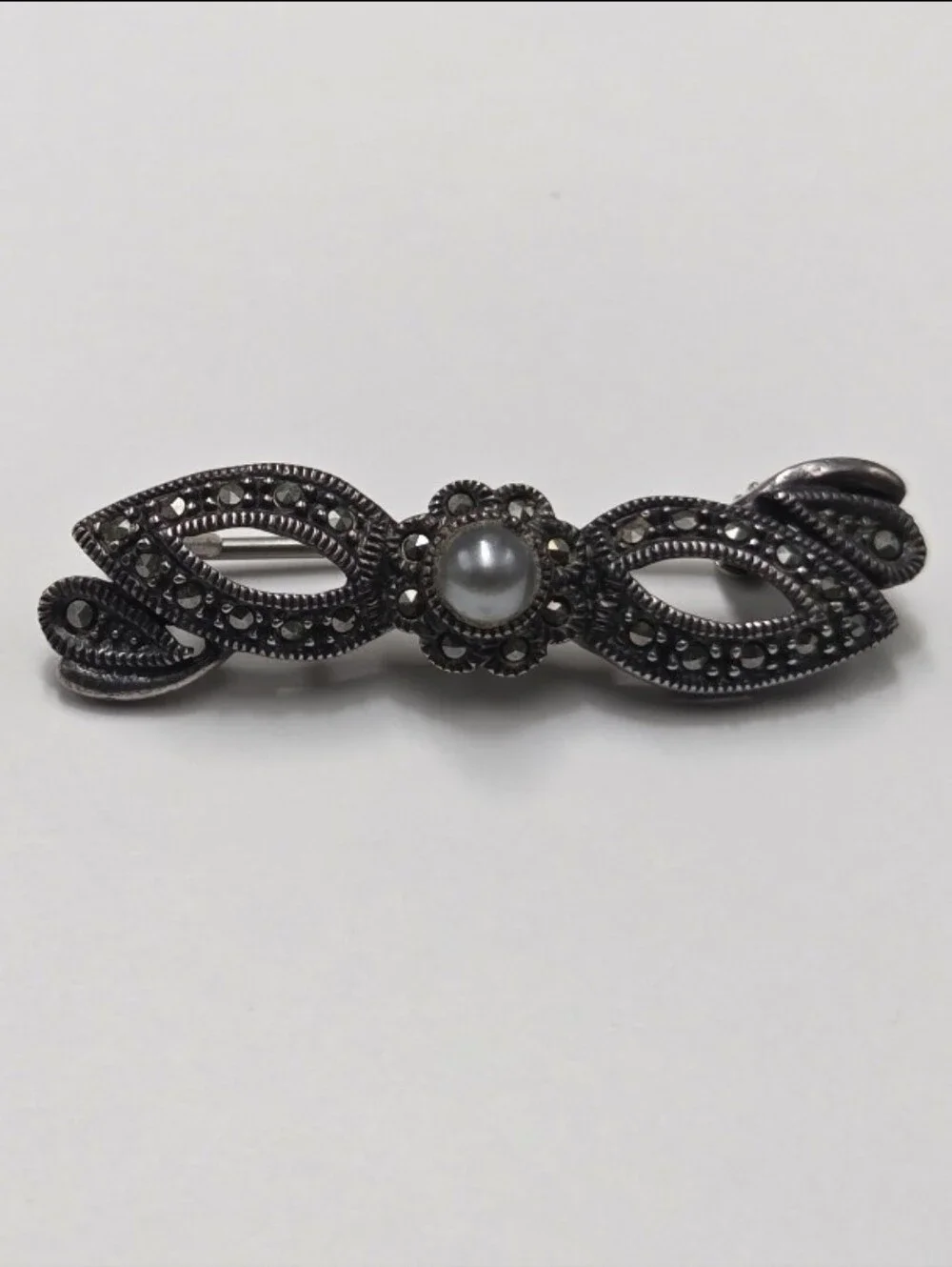 Vintage JJ Judith Jack Sterling Silver Pearl Marcasite Brooch